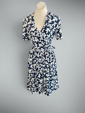 Gay Boyer Blue Floral V Neck Faux Wrap Dress Size 14